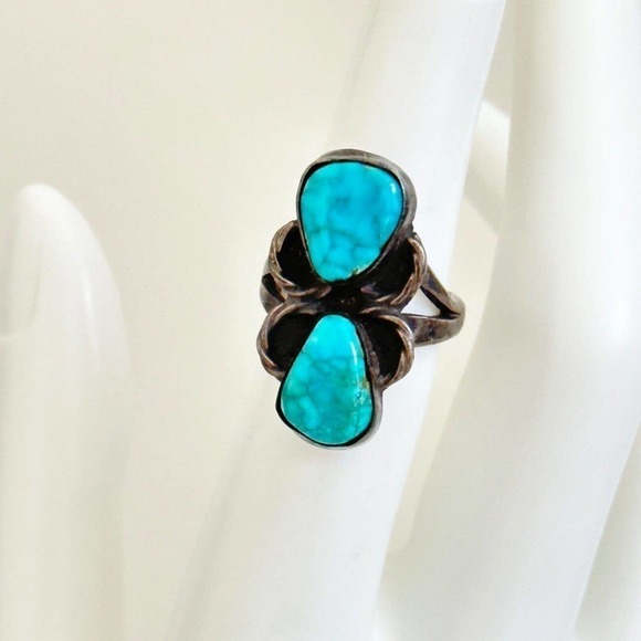 Vintage 925 Sterling Silver Turquoise Oxidized Darkened Band Ring Size 5.5 - Picture 6 of 8